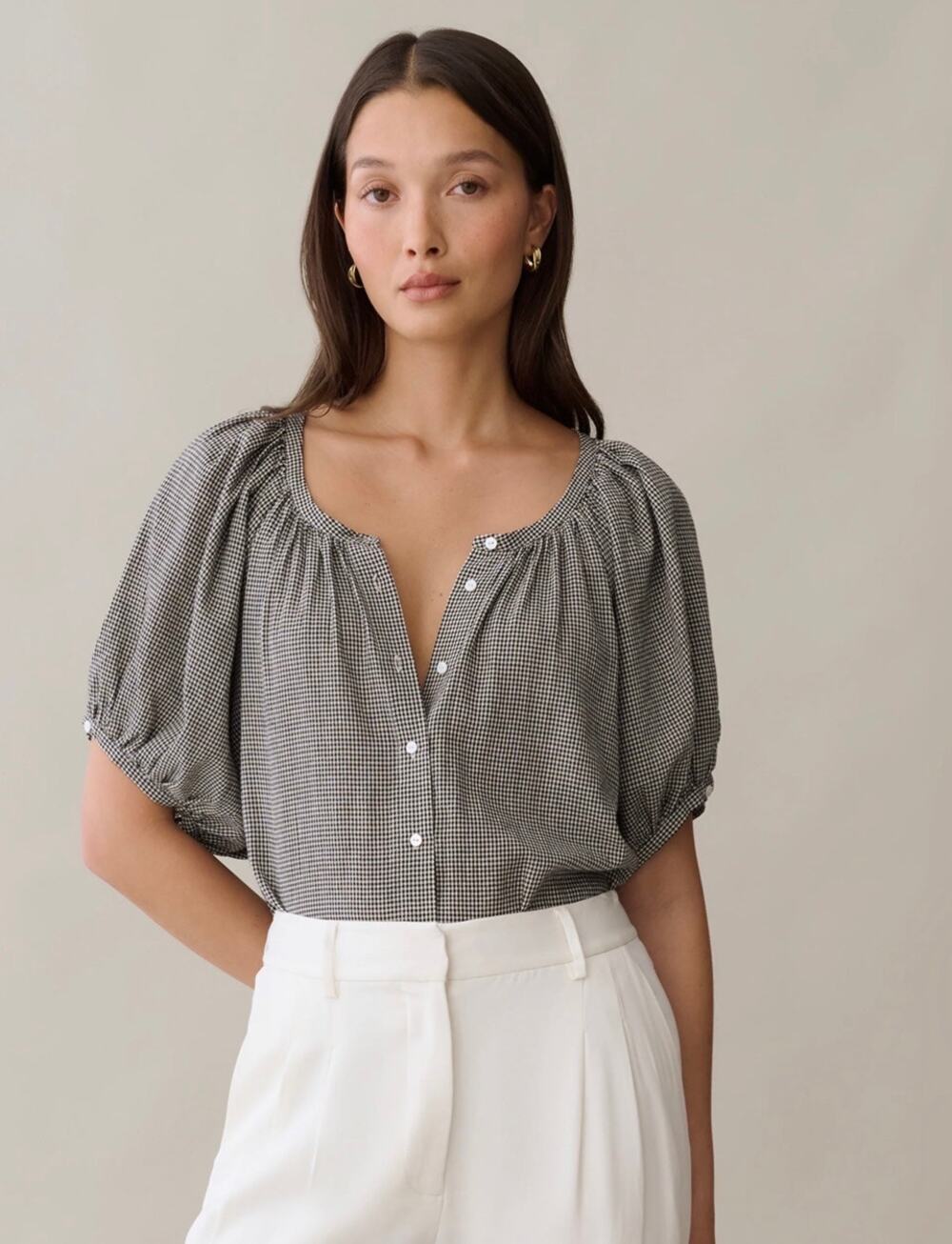 sorella Ethyl Top Black Gingham Puff Sleeve Button Front Blouse Size S NWT
